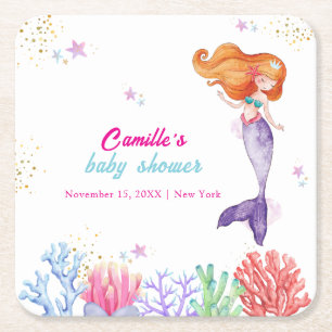 Elegant Under The Sea Mermaid Coral Baby Shower Square Paper Coaster