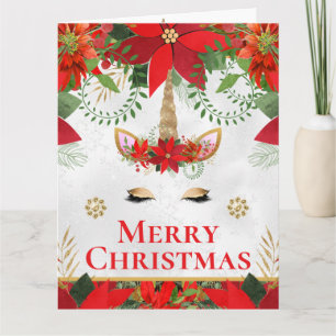 Elegant Unicorn Poinsettia Merry Christmas Card