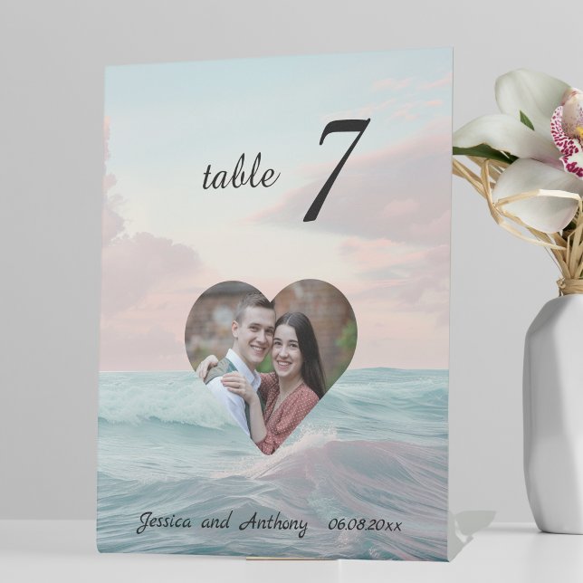 Elegant Unique Beach Photo Wedding Table Number Pedestal Sign (Creator Uploaded)