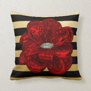 Elegant Unique Black Gold Bloomed Red Rose Throw Pillow