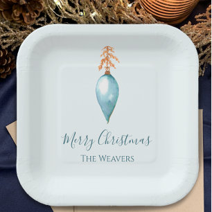 Elegant Unique Blue Watercolor Custom Christmas Paper Plate