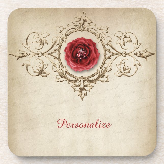 Elegant & Unique Red Rose & Diamond Personalized Coaster (Front)