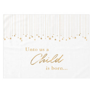 Elegant Unto Us Child is Born Gold White Christmas Tablecloth