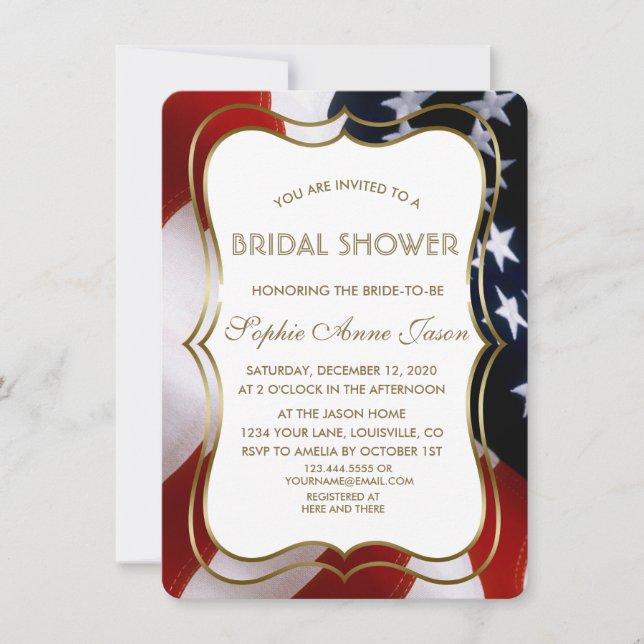 Elegant USA Flag Gold Bridal Shower Invite (Front)