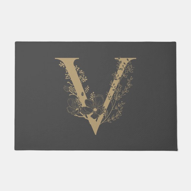 Elegant V Boho Floral Monogram Initial Grey Gold Doormat (Front)