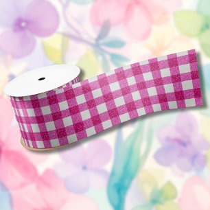 Elegant Valentine Pink Glitter Tartan on White Satin Ribbon