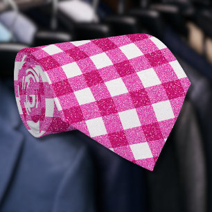 Elegant Valentine Pink Glitter Tartan on White Tie