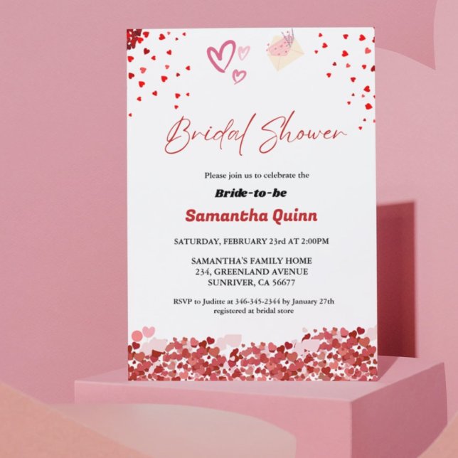 Elegant Valentine pink & Red heart Bridal Shower  Invitation (Creator Uploaded)
