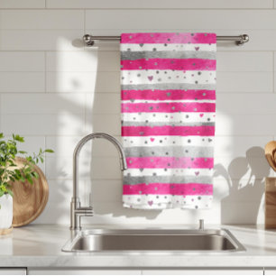 Elegant Valentine Pink Silver Hearts on Striped Kitchen Towel