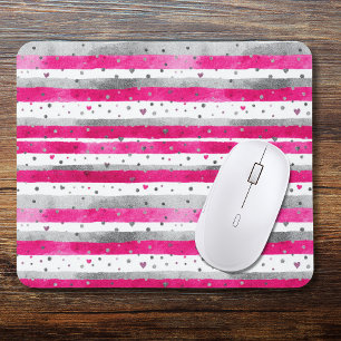 Elegant Valentine Pink Silver Hearts on Striped Mouse Pad