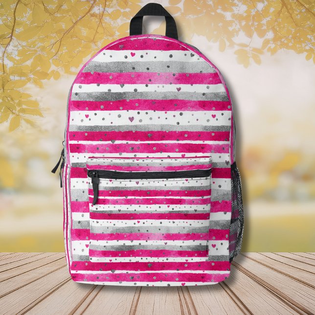 Elegant Valentine Pink Silver Hearts on Striped Printed Backpack (Creator Uploaded)