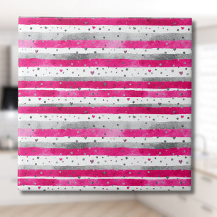 Elegant Valentine Pink Silver Hearts on Striped Tile
