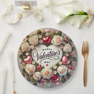 Elegant Valentine's Day Design with Roses Paper Plate