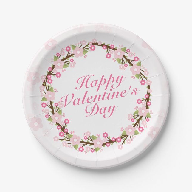 Elegant Valentine's Day Floral Wreath Paper Plate (Front)