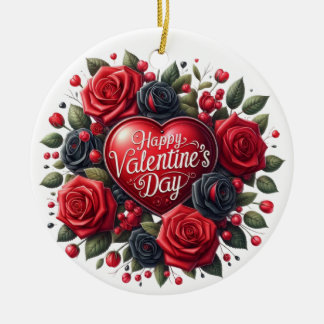 Elegant Valentine's Day Heart with Roses Ceramic Ornament
