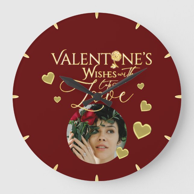Elegant Valentine's day Red and Gold Calligraphy  Large Clock (Front)