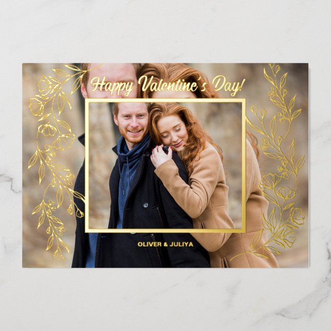 Elegant Valentines Day Script Photo Foil Holiday Card (Front)