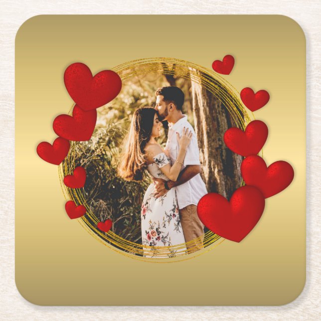 Elegant Valentines, Love, Anniversary Red Heart Square Paper Coaster (Front)