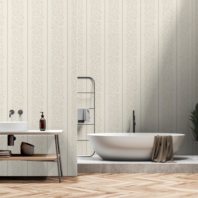 Elegant Vanilla Ticking and Swirls  Wallpaper (Bathroom)