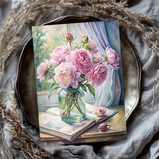 Elegant vase with pink peonies on table tissue paper (Elegant vase with pink peonies on table tissue paper)