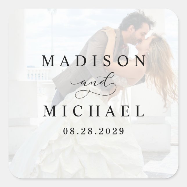 Elegant Vellum Black & White Overlay Photo Wedding Square Sticker (Front)