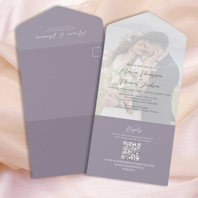 Elegant Vellum Photo Overlay Lilac | QR Code RSVP All In One Invitation (Creator Uploaded)
