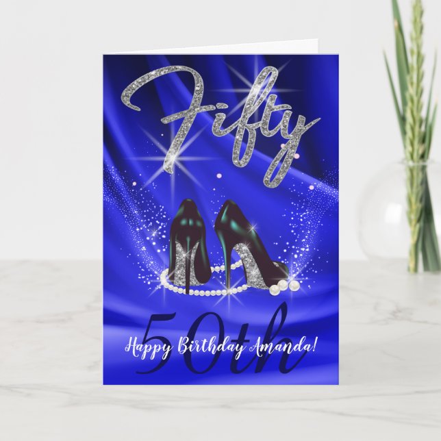 Elegant Velvet Blue and Silver 50th Birthday Card (Front)