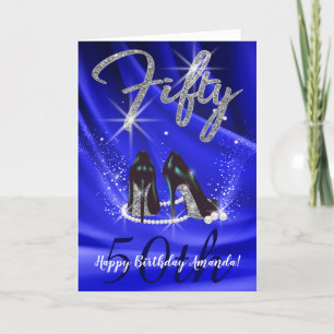 Elegant Velvet Blue and Silver 50th Birthday Card