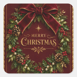 Elegant Velvet Bow Christmas, Luxury Botanical Square Sticker
