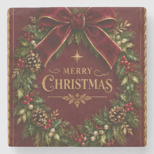 Elegant Velvet Bow Christmas, Luxury Botanical Stone Coaster