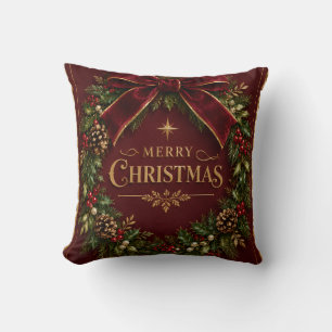 Elegant Velvet Bow Christmas, Luxury Botanical Throw Pillow