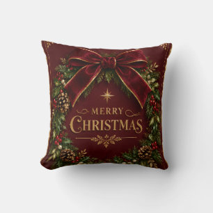 Elegant Velvet Bow Christmas, Luxury Botanical Throw Pillow