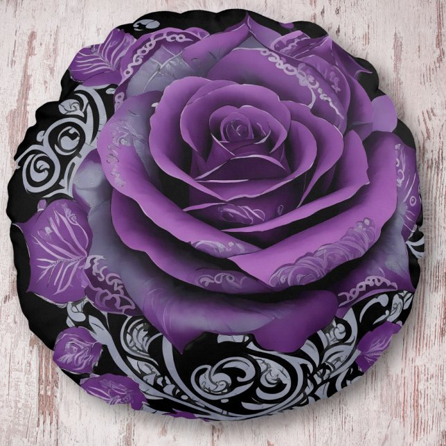 Elegant velvet rose surrounded by Tribal pattern Round Pillow (Creator Uploaded)
