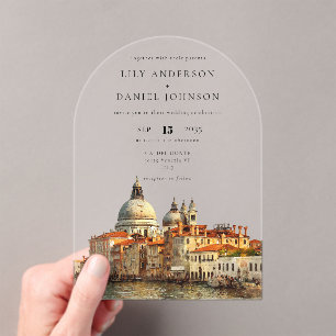 Elegant Venice Skyline Watercolor Wedding Arch Acrylic Invitations