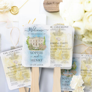 Elegant Venue Blue&Gold doves Wedding Program Hand Fan