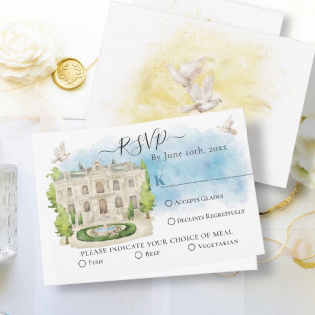 Elegant Venue Fountain doves Summer Wedding RSVP Card (Creator Uploaded)