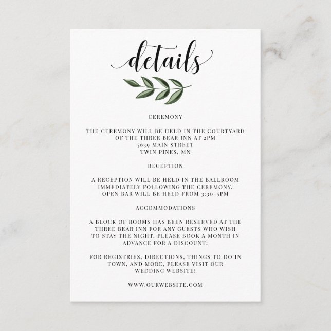 Elégant Verdure Détails du Mariage Invitation Inse (Devant)