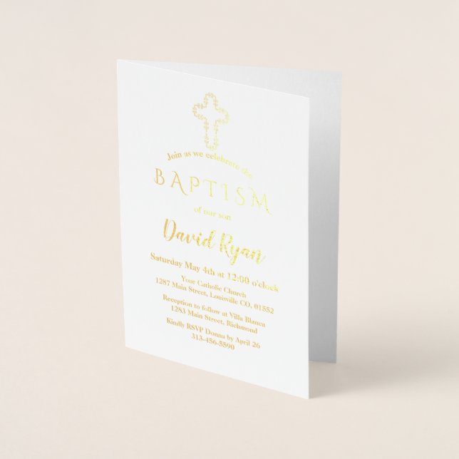 Élégant Véritable Pile Or Boy Baptism Invitation (Devant)