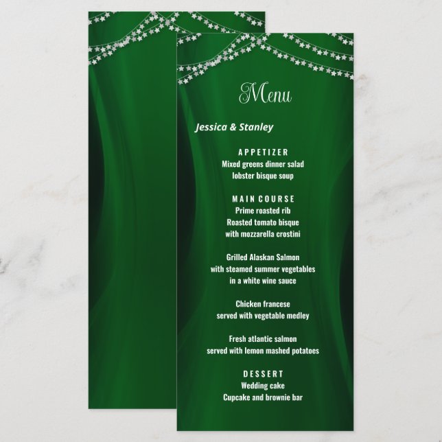 Élégant vert émeraude Noël mariage Menu (Devant / Derrière)