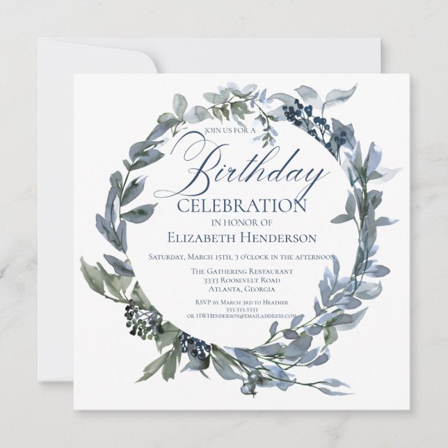Elégant vert et bleu Floral Invitation Anniversair (Devant)