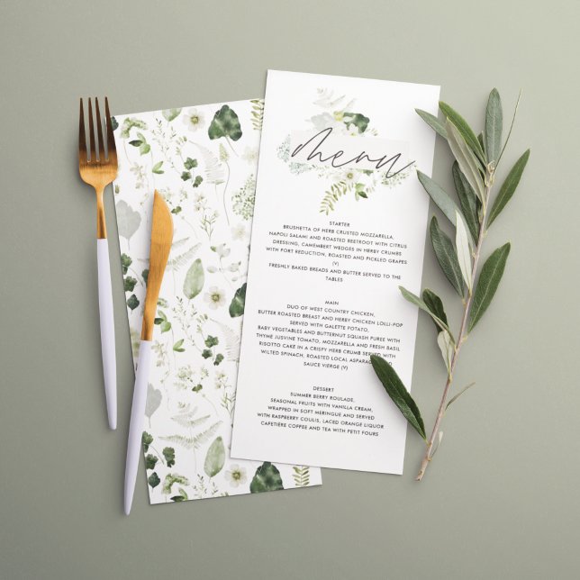 Élégant vert moderne script botanique menu mariage (Créateur téléchargé)