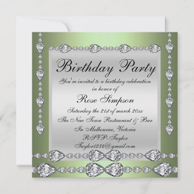 Elégant Vert & Silver Diamond Invitation d'anniver (Devant)