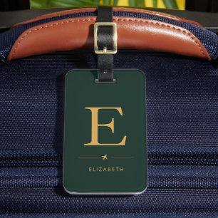 Elegant Vertical Monogram Hunter Green & Gold Luggage Tag