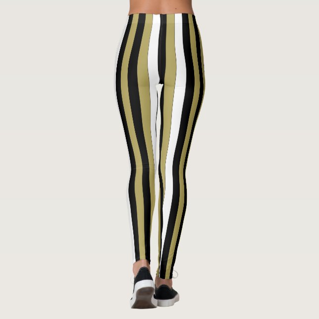 Elegant Vertical Stripes Black Gold White Leggings (Back)