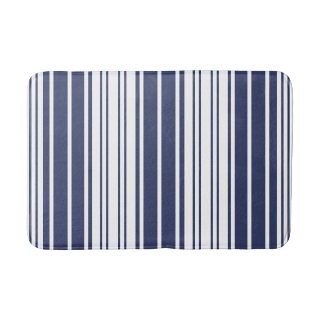 Elegant, vertical stripes, navy blue, white bath mat (Front)