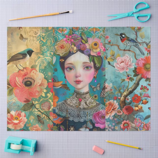 Elegant Vibrant Colourful Floral Decoupage Collage Tissue Paper (Craft)