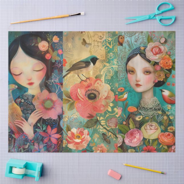 Elegant Vibrant Colourful Floral Decoupage Collage Tissue Paper (Craft)