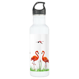 Elegant Vibrant Coral Pink Flamingos & Reed Plant 710 Ml Water Bottle