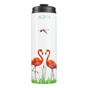 Elegant Vibrant Coral Pink Flamingos & Reed Plant  Thermal Tumbler