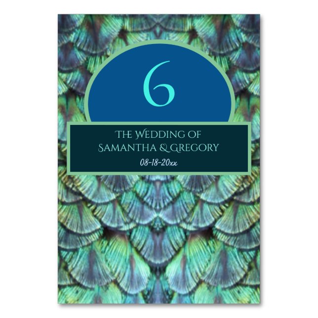 Elegant Vibrant Teal Peacock Feather Wedding Table Table Number (Back)